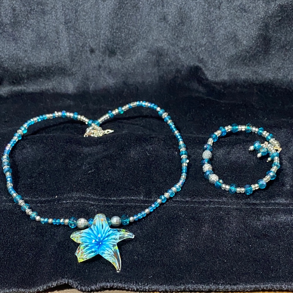 Blue and Silver Beaded Necklace and Bracelet Set